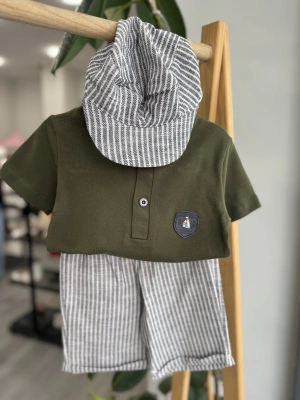 Şapkalı Haki Çizgili Takım