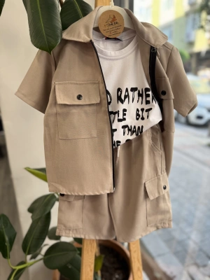 Kahve Üçlü Gabardin Kumaş Ceketli Takım 3-10 yaş