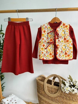 Yelekli Triko Üçlü Takım kiremit