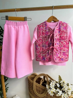 Yelekli Triko Üçlü Takım Pembe