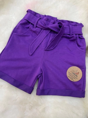 Yüksek Bel Kuşaklı Şort Mor