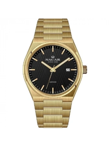 Nacar NC41-299794-DBM Takvimli Safir Çizilmez Cam Suya Dayanıklı Altın Renk Erkek Kol Saati