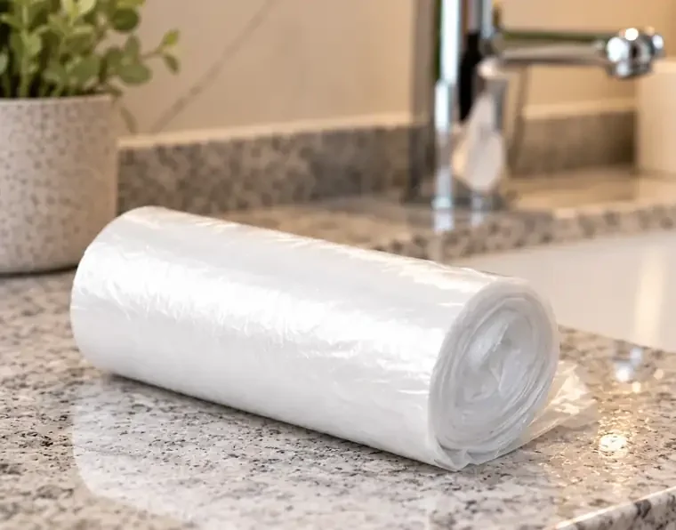 Banyo tezgâhında beyaz, küçük boy rulo çöp poşeti