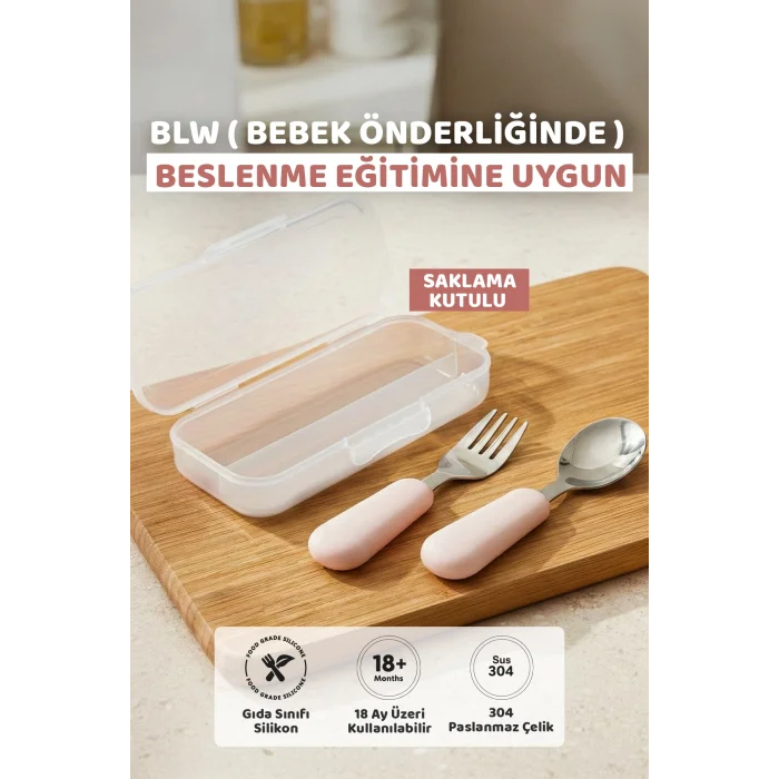 Guqqo Silikon Saplı Paslanmaz Çelik Çatal Kaşık Seti, 18+ Ay, Pembe