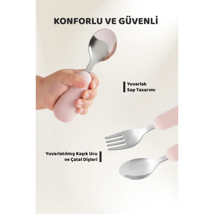 Guqqo Silikon Saplı Paslanmaz Çelik Çatal Kaşık Seti, 18+ Ay, Pembe