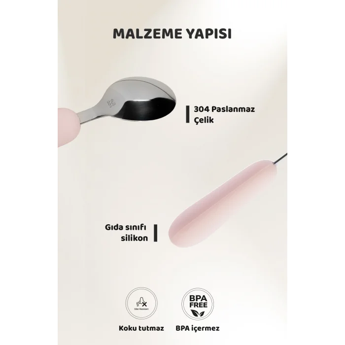 Guqqo Silikon Saplı Paslanmaz Çelik Çatal Kaşık Seti, 18+ Ay, Pembe