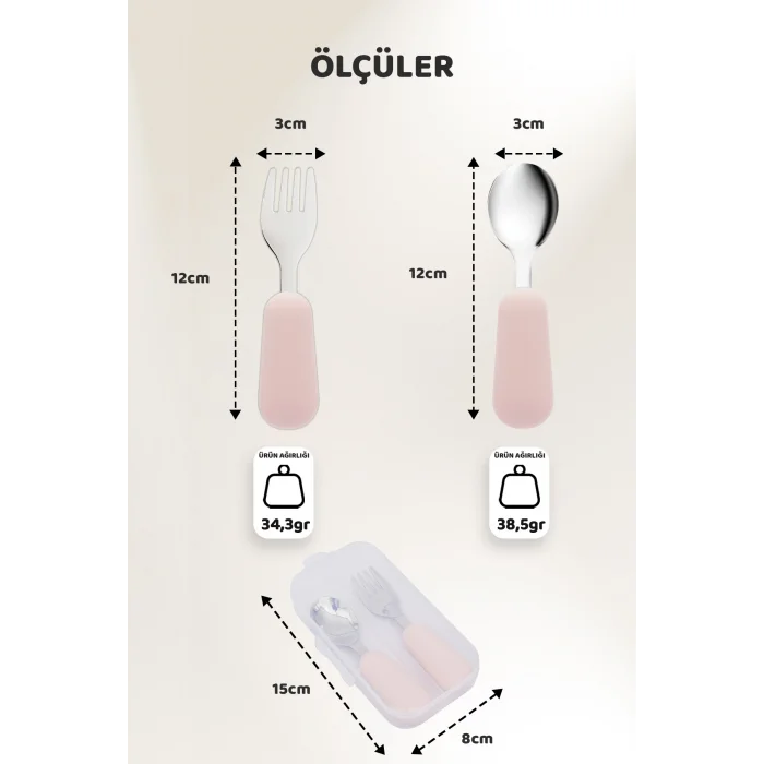 Guqqo Silikon Saplı Paslanmaz Çelik Çatal Kaşık Seti, 18+ Ay, Pembe