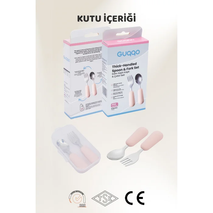 Guqqo Silikon Saplı Paslanmaz Çelik Çatal Kaşık Seti, 18+ Ay, Pembe