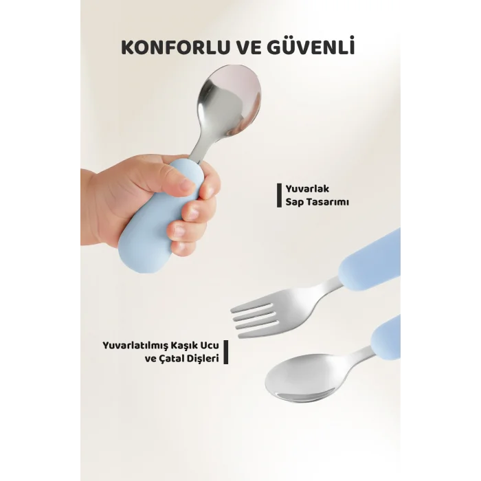 Guqqo Silikon Saplı Paslanmaz Çelik Çatal Kaşık Seti, 18+ Ay, Mavi