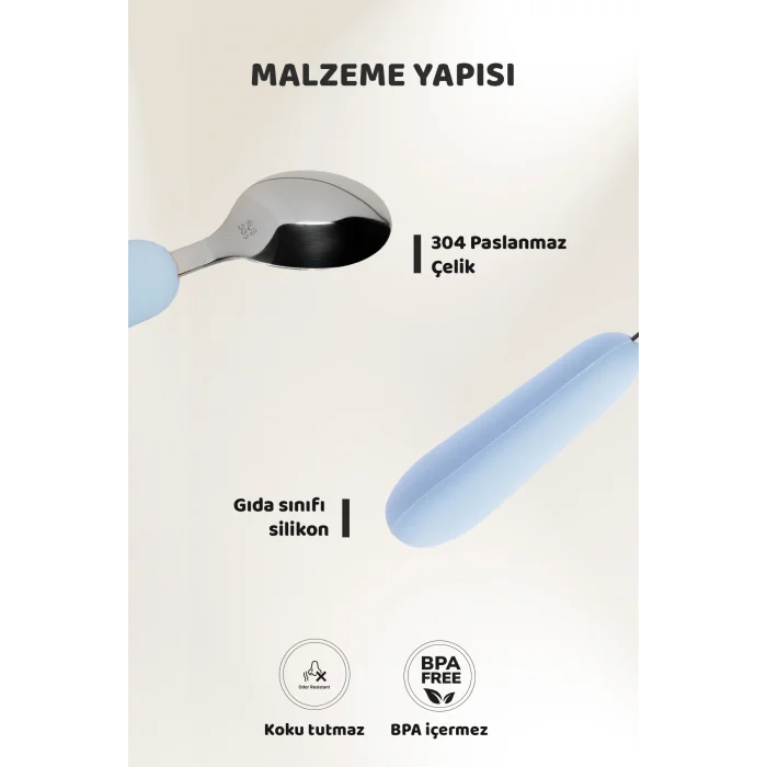 Guqqo Silikon Saplı Paslanmaz Çelik Çatal Kaşık Seti, 18+ Ay, Mavi