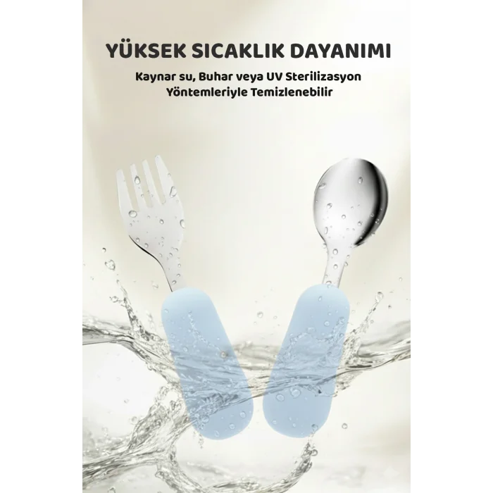 Guqqo Silikon Saplı Paslanmaz Çelik Çatal Kaşık Seti, 18+ Ay, Mavi