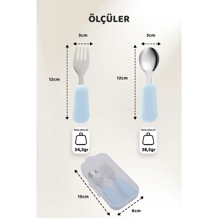 Guqqo Silikon Saplı Paslanmaz Çelik Çatal Kaşık Seti, 18+ Ay, Mavi