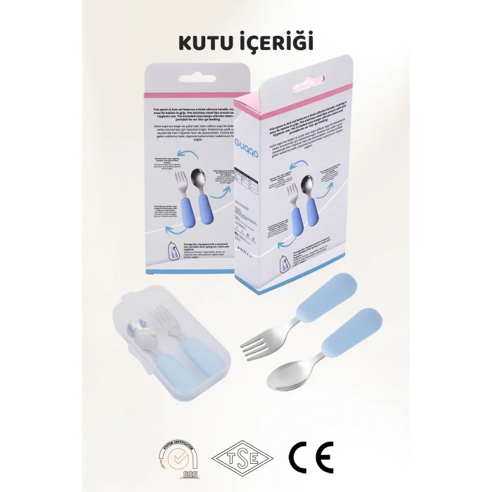 Guqqo Silikon Saplı Paslanmaz Çelik Çatal Kaşık Seti, 18+ Ay, Mavi