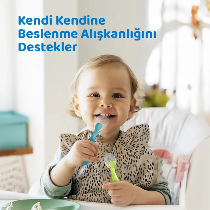 Guqqo Silikon Bebek Mama Kaşığı Seti, Diş Kaşıyıcı Uçlu, 2’li Set, Gıda Sınıfı BPA İçermez, BLW Uyumlu, Mavi Yeşil