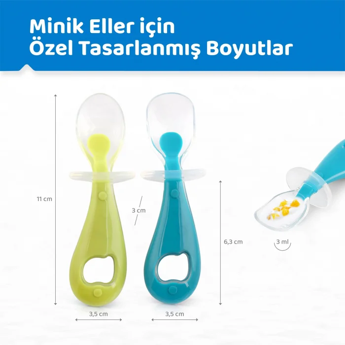 Guqqo Silikon Bebek Mama Kaşığı Seti, Diş Kaşıyıcı Uçlu, 2’li Set, Gıda Sınıfı BPA İçermez, BLW Uyumlu, Mavi Yeşil