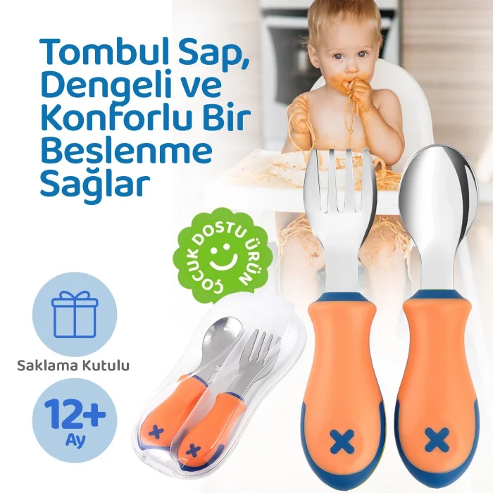 Guqqo Bebek Çatal Kaşık Seti, Paslanmaz Çelik, BLW (Turuncu)