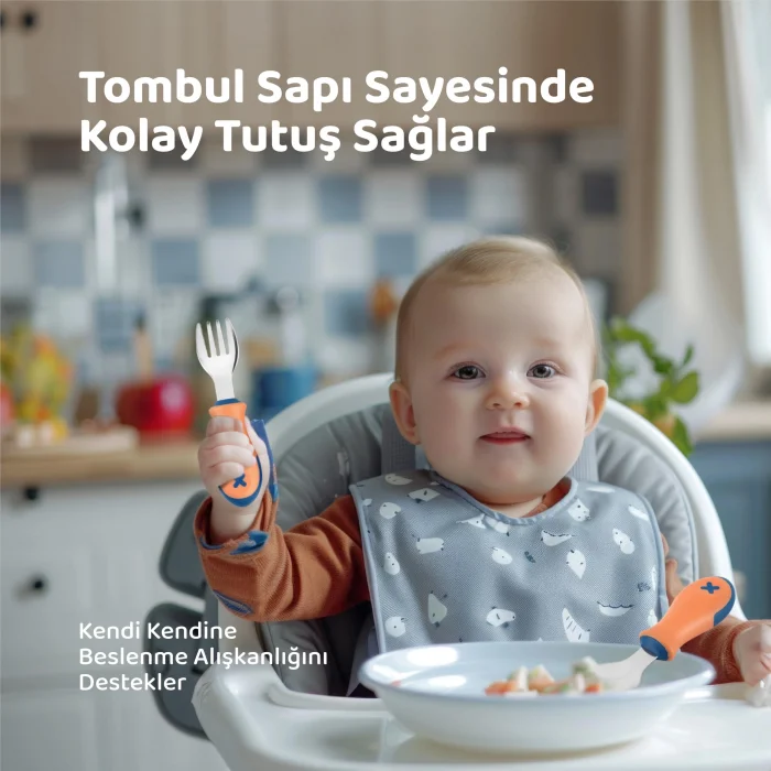 Guqqo Bebek Çatal Kaşık Seti, Paslanmaz Çelik, BLW (Turuncu)