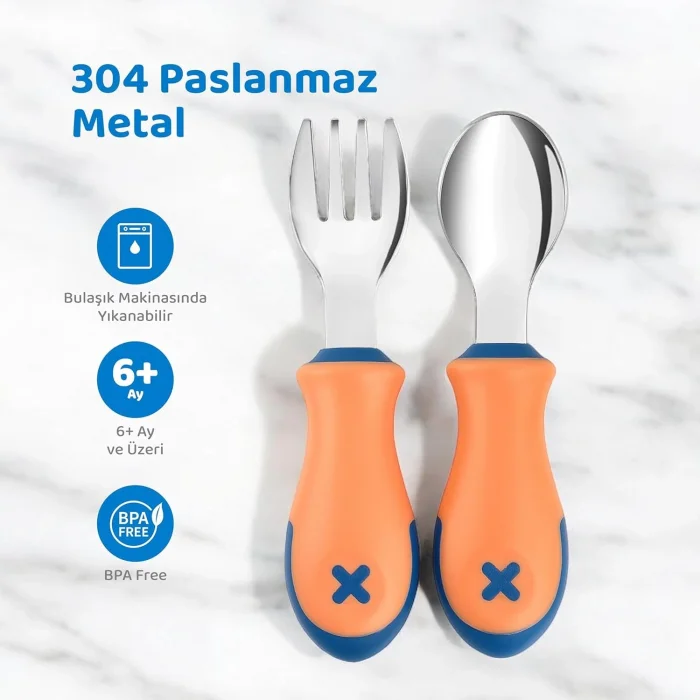 Guqqo Bebek Çatal Kaşık Seti, Paslanmaz Çelik, BLW (Turuncu)