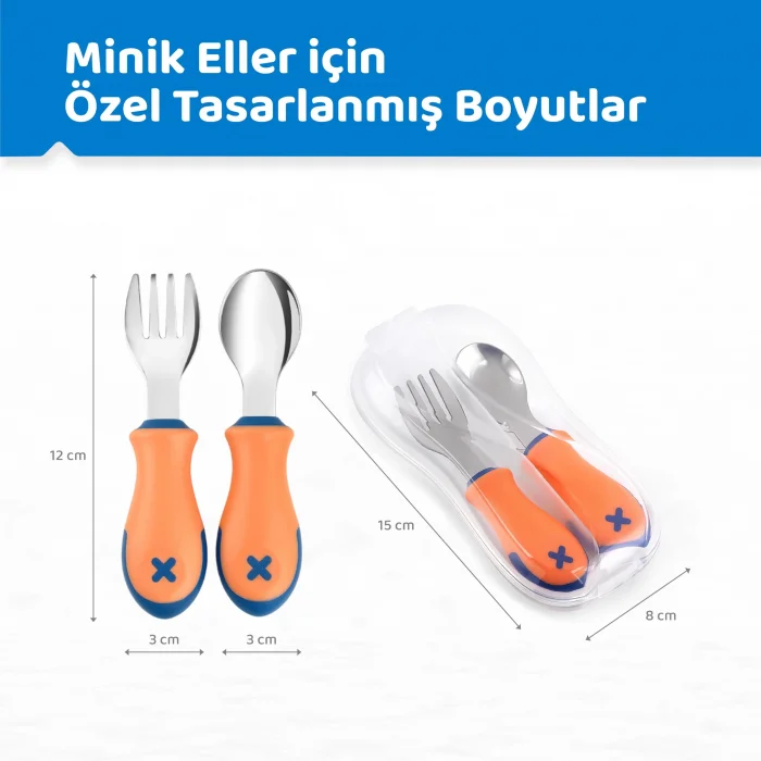 Guqqo Bebek Çatal Kaşık Seti, Paslanmaz Çelik, BLW (Turuncu)
