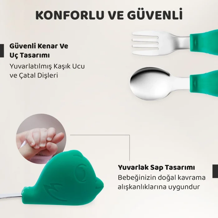 Guqqo Bebek Silikon Saplı Çelik Kaşık Çatal Seti, 304, BLW, Balık Desen, Taşıma Kutulu, Yeşil