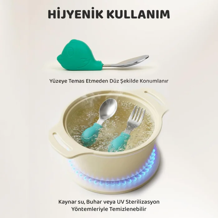 Guqqo Bebek Silikon Saplı Çelik Kaşık Çatal Seti, 304, BLW, Balık Desen, Taşıma Kutulu, Yeşil