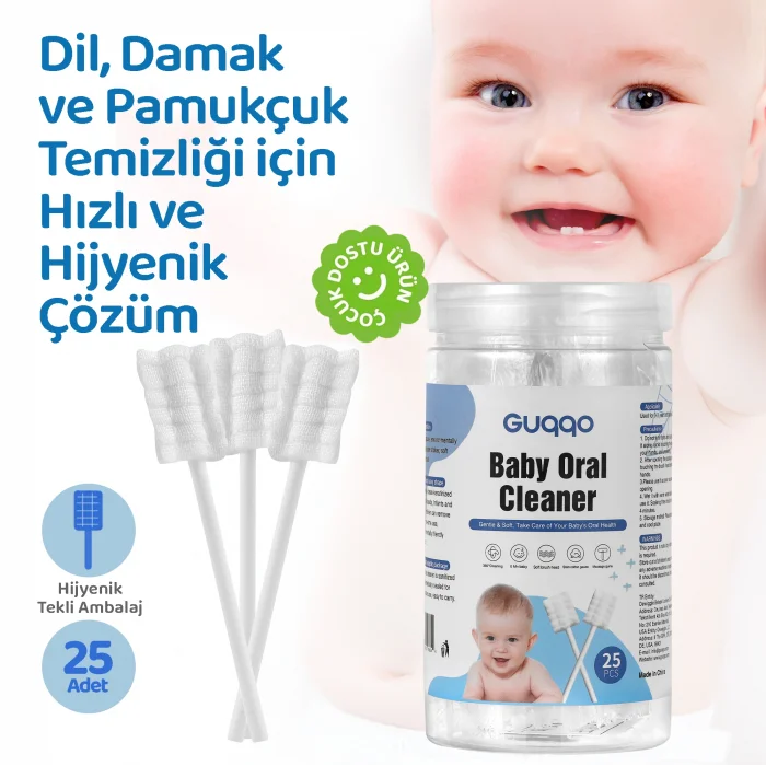 Guqqo Bebek Agız Temizleme Çubuğu, 25 Adet, Yenidoğan Dil Pamukçuk Temizleyici