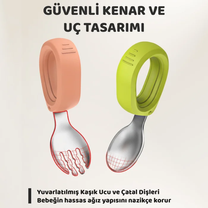 Guqqo Bebek Çatal Kaşık Seti, Paslanmaz Çelik, Silikon Saplı, Pudra Yeşil