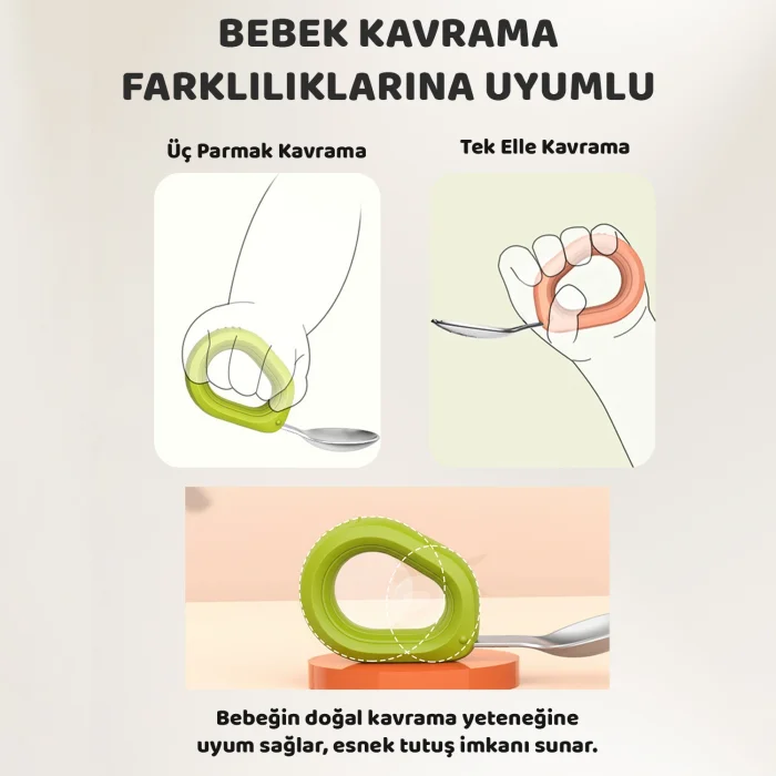 Guqqo Bebek Çatal Kaşık Seti, Paslanmaz Çelik, Silikon Saplı, Pudra Yeşil