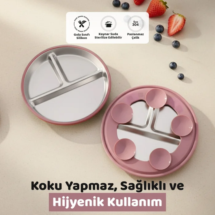 Guqqo Silikon Kaplı Bebek Tabak, 3 Bölmeli Paslanmaz Çelik Mama Tabağı, Vakumlu, 304 Çelik, Pudra