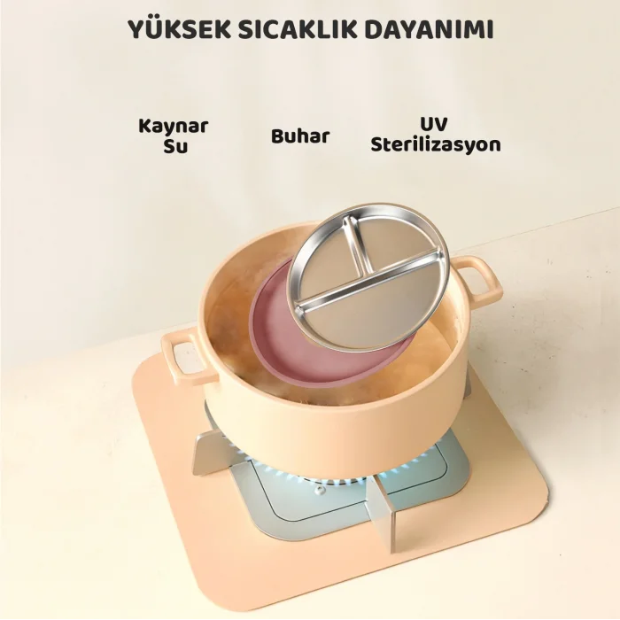 Guqqo Silikon Kaplı Bebek Tabak, 3 Bölmeli Paslanmaz Çelik Mama Tabağı, Vakumlu, 304 Çelik, Pudra