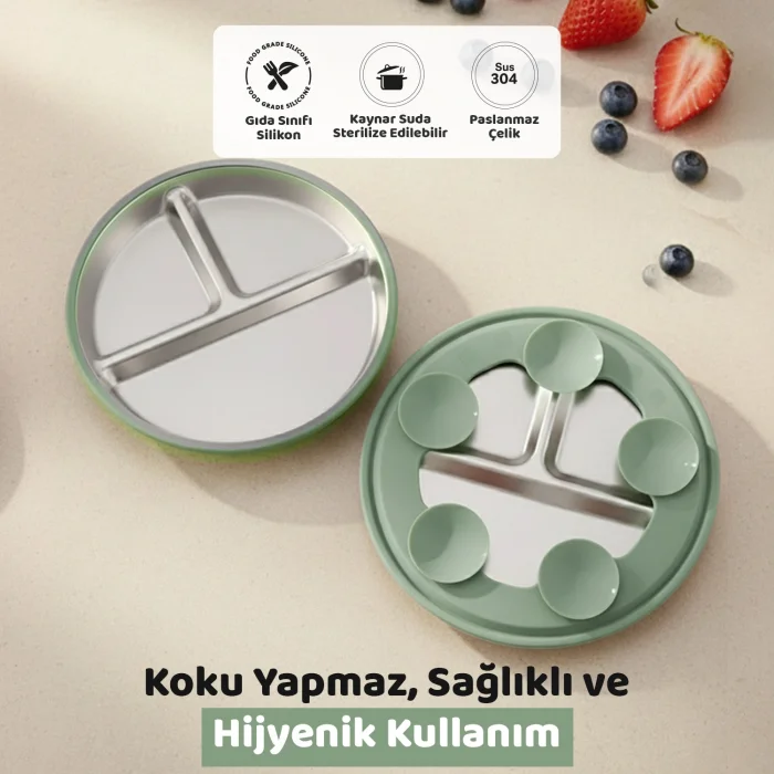 Guqqo Silikon Kaplı Bebek Tabak, 3 Bölmeli Paslanmaz Çelik Mama Tabağı, Vakumlu, 304 Çelik, Yeşil