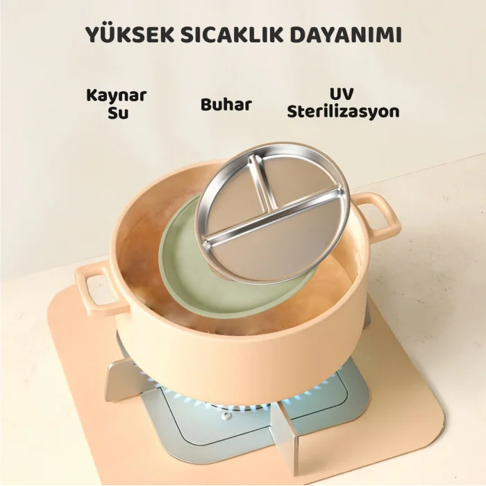 Guqqo Silikon Kaplı Bebek Tabak, 3 Bölmeli Paslanmaz Çelik Mama Tabağı, Vakumlu, 304 Çelik, Yeşil