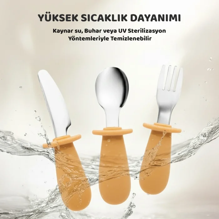 Guqqo Silikon Saplı Bebek Çelik Çatal Kaşık Bıçak Seti, 316L Çelik, BLW, Saklama Kutulu, Turuncu
