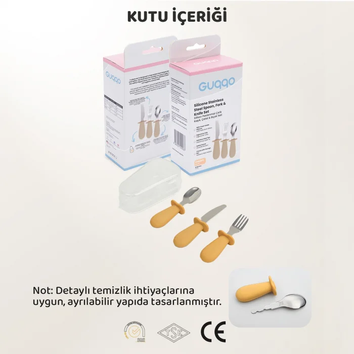 Guqqo Silikon Saplı Bebek Çelik Çatal Kaşık Bıçak Seti, 316L Çelik, BLW, Saklama Kutulu, Turuncu