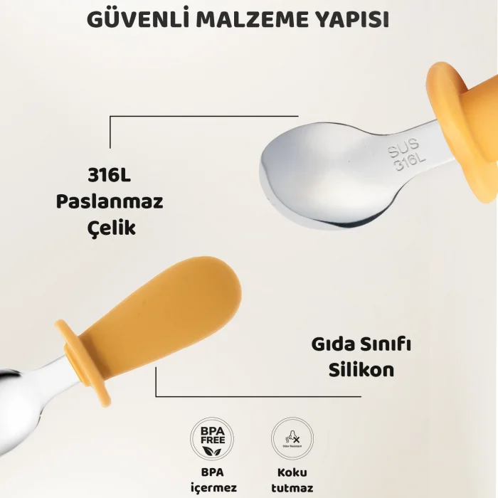 Guqqo Silikon Saplı Bebek Çelik Çatal Kaşık Bıçak Seti, 316L Çelik, BLW, Saklama Kutulu, Turuncu