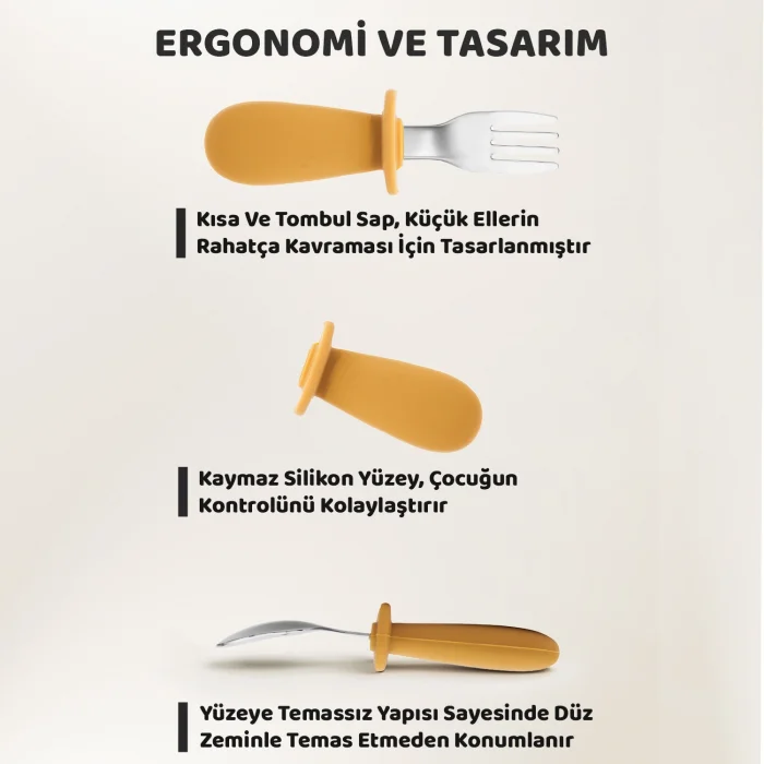 Guqqo Silikon Saplı Bebek Çelik Çatal Kaşık Bıçak Seti, 316L Çelik, BLW, Saklama Kutulu, Turuncu