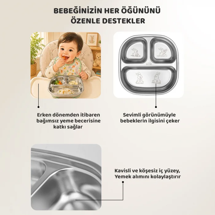 Guqqo Silikon Vakumlu Paslanmaz Çelik Mama Tabağı, 3 Derin Bölmeli Bebek Tabak, 304 Çelik, Yeşil