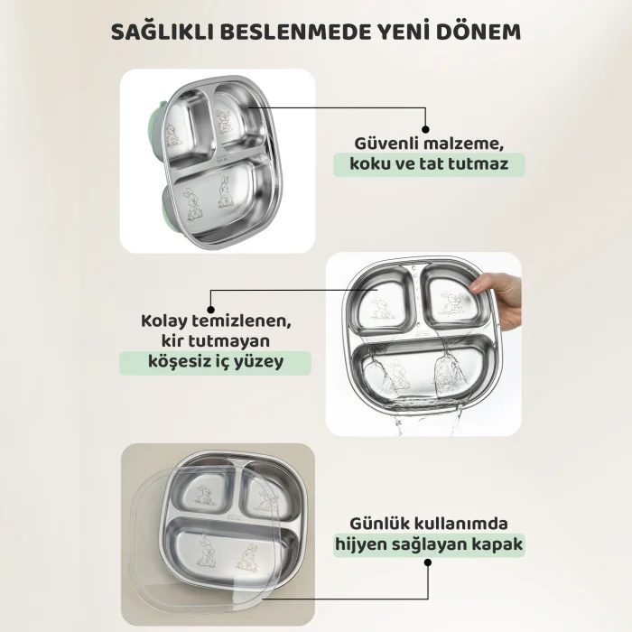 Guqqo Silikon Vakumlu Paslanmaz Çelik Mama Tabağı, 3 Derin Bölmeli Bebek Tabak, 304 Çelik, Yeşil