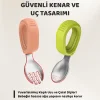 Guqqo Bebek Çatal Kaşık Seti, Paslanmaz Çelik, Silikon Saplı, Pudra Yeşil