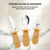 Guqqo Silikon Saplı Bebek Çelik Çatal Kaşık Bıçak Seti, 316L Çelik, BLW, Saklama Kutulu, Turuncu