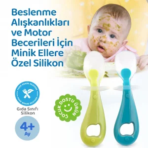Guqqo Silikon Bebek Mama Kaşığı Seti, Diş Kaşıyıcı Uçlu, 2’li Set, Gıda Sınıfı BPA İçermez, BLW Uyumlu, Mavi Yeşil