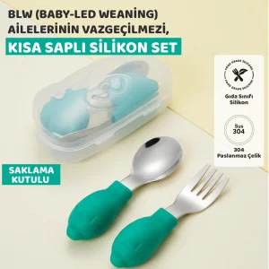 Guqqo Bebek Silikon Saplı Çelik Kaşık Çatal Seti, 304, BLW, Balık Desen, Taşıma Kutulu, Yeşil