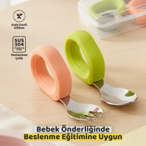 Guqqo Bebek Çatal Kaşık Seti, Paslanmaz Çelik, Silikon Saplı, Pudra Yeşil