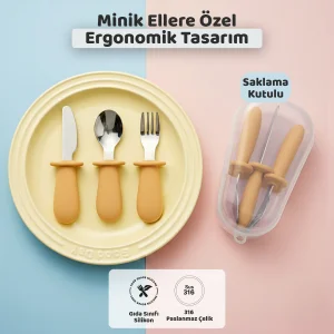 Guqqo Silikon Saplı Bebek Çelik Çatal Kaşık Bıçak Seti, 316L Çelik, BLW, Saklama Kutulu, Turuncu