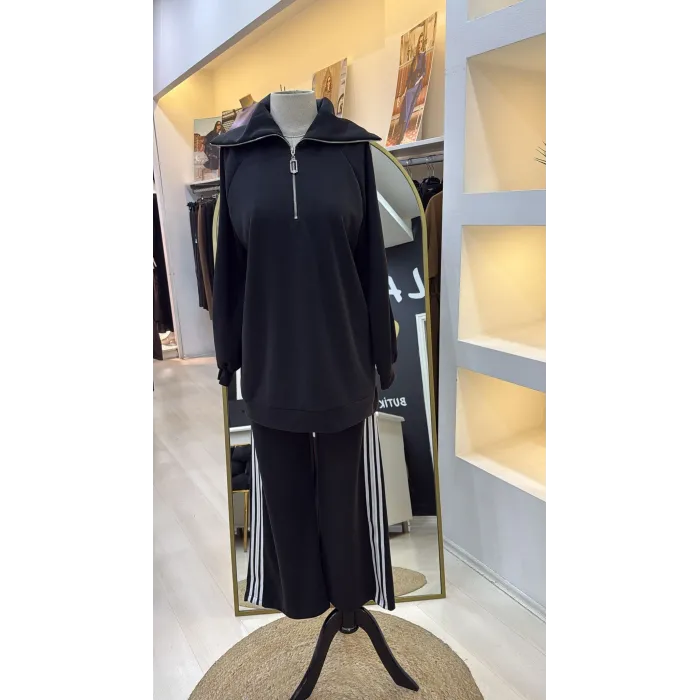 Nuss 1093 Şerit Desenli Pantolonlu Takım - siyah