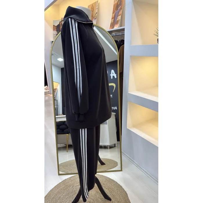 Nuss 1093 Şerit Desenli Pantolonlu Takım - siyah