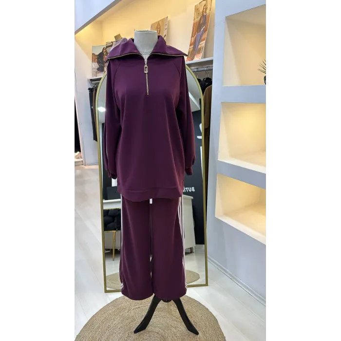 Nuss 1093 Şerit Desenli Pantolonlu Takım - mürdum