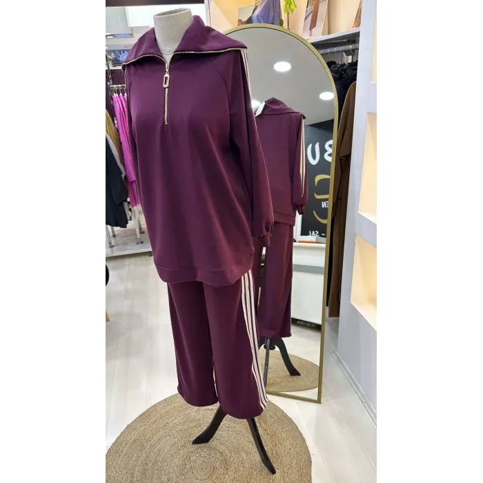 Nuss 1093 Şerit Desenli Pantolonlu Takım - mürdum