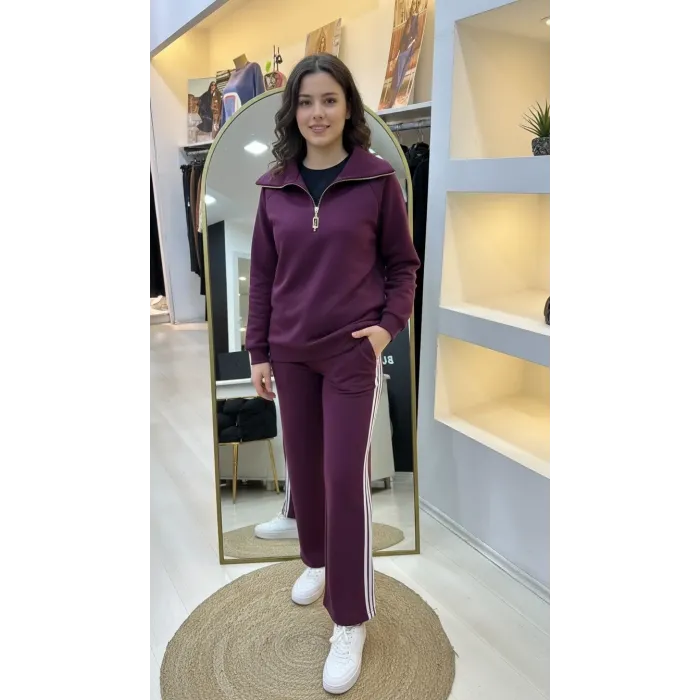 Nuss 1093 Şerit Desenli Pantolonlu Takım - mürdum