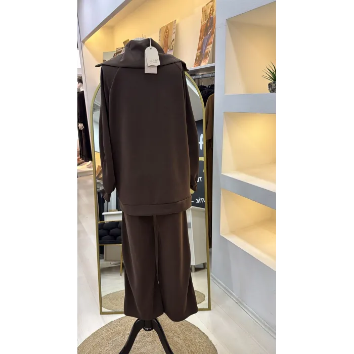 Nuss 1093 Şerit Desenli Pantolonlu Takım - kahve